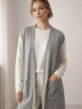 Madewell Merino Wool Alpaca Colorblock Open Front Cardigan Gray Cream XS